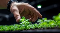 Closeup of farmer hand tending to young microgreen sprouts growing in tray under grow light, fresh organic produce cultivation for healthy eating and sustainability.