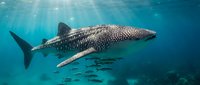 Majestic whale shark swimming in crystal clear turquoise ocean waters with sunbeams filtering through surface and small fish below in tropical marine environment.