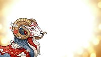 Ornate ram head with decorative horns and colorful patterns on golden background for zodiac, astrology and spiritual design projects.
