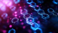 Glowing hexagonal molecular structure with neon blue and pink lighting effects against dark background, scientific concept for chemistry, nanotechnology and research.