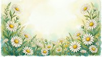 Watercolor chamomile flowers border with white daisies and green stems on soft yellow background with copy space for text.