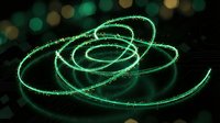 Glowing neon green spiral lines with sparkling particles on dark background with bokeh lights, suitable for abstract backgrounds and digital design projects.