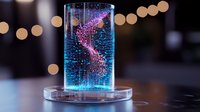 Glowing spiral of luminescent particles swirling in cylindrical glass container with blue liquid against dark background with soft bokeh lights.