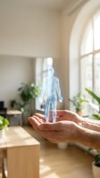 Hands holding glowing holographic human body with nervous system visible in bright modern office with plants and natural light from arched window.