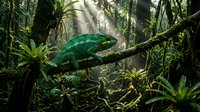 Green chameleon resting on branch in lush tropical rainforest with sunbeams filtering through dense jungle canopy creating magical atmosphere for wildlife photography.