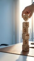 Businessman hand placing shield lock icon on stacked wooden blocks with dollar, umbrella and gear symbols, representing financial security and insurance protection.