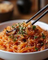 Spicy glass noodles with mushrooms and green onions in white bowl, garnished with sesame seeds. Asian cuisine close up with black chopsticks picking up noodles.