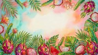 Tropical watercolor frame with dragon fruit, palm leaves, and exotic flowers on gradient background, perfect for summer designs and botanical invitations.