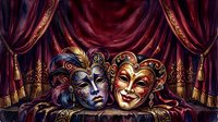 Ornate theatrical masks with gold embellishments displayed against luxurious burgundy velvet curtains and golden tassels, representing drama, comedy and performance art for theater productions.