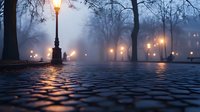 Atmospheric foggy park at dusk with illuminated vintage street lamps casting warm glow on wet cobblestone path surrounded by bare trees.