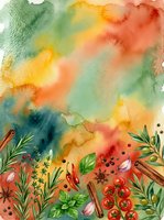 Watercolor illustration featuring vibrant gradient wash in warm autumn tones with botanical elements including herbs, spices, and fresh ingredients arranged at bottom border for culinary design projects.