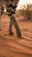 Cheetah legs and paws with distinctive spotted pattern walking on red desert sand during golden hour sunset light in African savanna wilderness habitat.