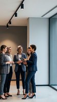 Diverse group of five professional women in business casual attire discussing work in modern office hallway with track lighting and glass partition walls, suitable for corporate communications and workplace concepts.