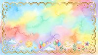 Pastel rainbow watercolor background with gold scalloped border, sun, clouds, balloons, flowers, and stars for nursery or baby shower design.