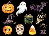 Halloween clipart set with pumpkin, ghost, bat, witch hat, cauldron, skeleton hand, skulls, candy corn, spider web, isolated on transparent background for stickers, T-shirts, print on demand.