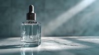 Elegant glass dropper bottle with transparent serum on marble surface in soft natural light, ideal for skincare product marketing.