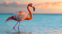 Pink flamingo wading in turquoise water during golden sunset, soft pastel colors reflect in calm tropical lagoon creating dreamy nature scene.