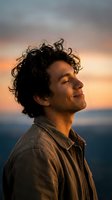Young man with curly hair enjoying peaceful moment during golden hour sunset with eyes closed and serene expression outdoors.