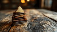 Rustic wooden Christmas tree decoration made from stacked vintage papers on weathered wood surface, with warm bokeh lights creating cozy holiday atmosphere.