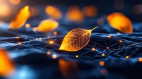 Glowing golden leaf on digital network with bokeh lights, symbolizing nature and technology connection for environmental tech concepts.