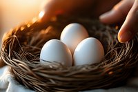 Fresh white eggs in rustic woven nest with warm golden light, symbolizing new beginnings and natural organic food production.