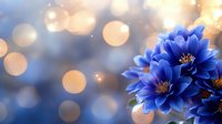 Blue dahlia flowers with golden bokeh lights creating dreamy floral background for wedding invitations, greeting cards and romantic design projects.