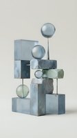Abstract geometric sculpture with translucent spheres and marble cubes in blue and green tones on neutral background for modern interior design.