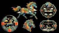 Ornate carousel horse designs with decorative patterns, isolated on transparent background. Ready for t-shirt design, clipart, stickers, sublimation, and print-on-demand products.