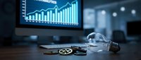 Lightbulb with gears and upward trending analytics chart on monitor display business growth strategy innovation concept for corporate success and financial development.