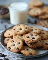 Fresh baked chocolate chip cookies on gray plate with glass of milk in background, warm golden brown treats with melty chocolate morsels for dessert or snack.