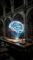 Glowing neon brain hologram floating above wooden desk in gothic library with towering bookshelves, arched ceilings, and stone columns. Concept for artificial intelligence, knowledge, learning.