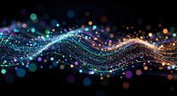 Abstract digital wave with glowing particles and bokeh lights on dark background for technology presentations and futuristic design projects.