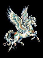 Ornate winged horse with decorative blue, gold, and orange patterns isolated on transparent background. Ready for t-shirts, stickers, clipart, and print-on-demand designs.