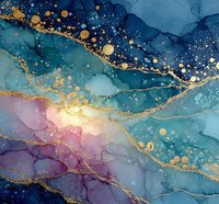 Abstract alcohol ink artwork with flowing blue purple gradients and golden accents creating dreamy liquid marble texture for modern interior design projects.