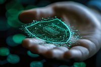 Glowing digital shield hologram floating over palm represents cybersecurity and data protection concept against dark background with bokeh effect.