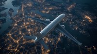 Commercial airplane flying over illuminated city at night with glowing street lights and urban infrastructure visible from aerial perspective. Suitable for travel themes.