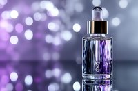 Glass dropper bottle with purple glowing bokeh background, luxury cosmetic serum container on reflective surface, elegant skincare product photography.