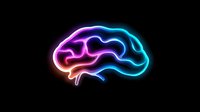 Glowing neon brain outline with gradient color transition from pink to blue on black background, representing intelligence and mental activity. Isolated design element.