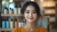 Young Asian woman with gentle smile wearing mustard yellow sweater in beauty salon, soft bokeh background with hair products on shelves, natural makeup look.