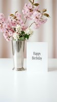 Pink cherry blossoms and white flowers in silver vase with Happy Birthday greeting card on white table for celebration and spring decor.