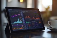 Financial analytics dashboard on tablet screen showing market data, trading charts, and performance metrics with coffee cup in background on dark wooden desk.