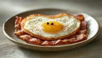 Sunny side up egg with crispy bacon strips served on rustic ceramic plate, seasoned with black pepper, close-up view on wooden table surface.