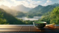 Traditional matcha green tea bowl and bamboo whisk on wooden deck overlooking serene mountain lake landscape at sunrise, zen meditation atmosphere.