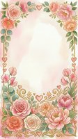 Floral frame with pink and coral roses, peonies, and greenery arranged on white background with decorative hearts and gold ornaments, ready for wedding invitations, greeting cards, and design projects.