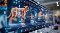 Digital veterinary interface showing cat anatomy scan with multiple diagnostic screens displaying skeletal and muscular systems in modern medical facility.