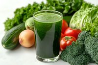 Fresh green vegetable smoothie with cucumber, broccoli, tomatoes and herbs on white background. Healthy detox drink for wellness and diet.