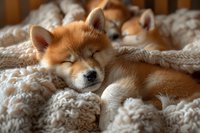Adorable red shiba inu puppy sleeping peacefully on cozy knitted blanket, showing relaxed expression with closed eyes and soft fur in warm natural lighting.
