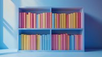 Colorful pastel books arranged on blue bookshelf with dramatic shadow casting across scene, creating minimalist aesthetic composition for reading and education concepts.