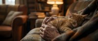 Tabby cat resting on person's lap in cozy living room with warm lighting, leather furniture and bookshelves in background. Domestic pet comfort.