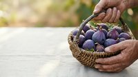 Farmer holding wicker basket filled with fresh ripe figs, harvested produce for farmers market or agricultural business use.